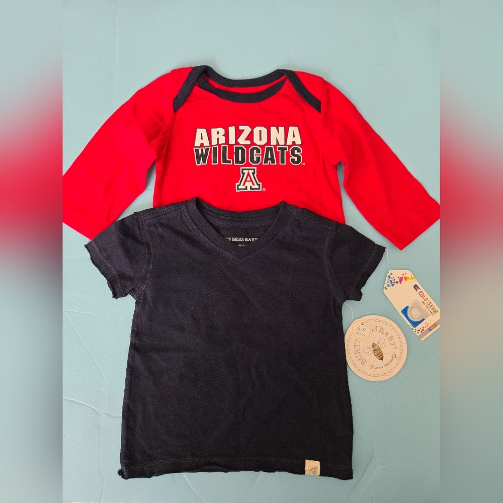 Arizona Wildcats Kids Red Onesie and Burt's Bees Baby Navy Blue Shirt